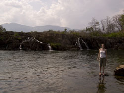 Debi at the pufferfish pool, Sekong, Laos