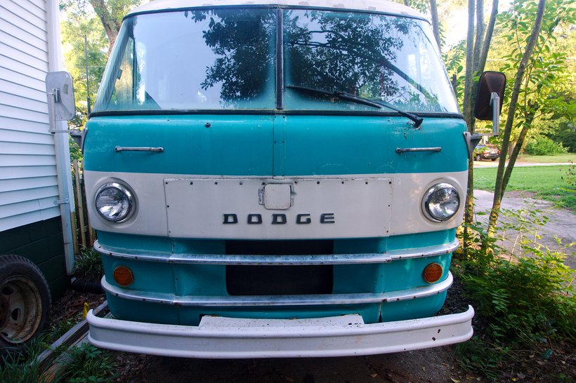 Front view of 1969 Dodge Travco RV photographed by luxagraf