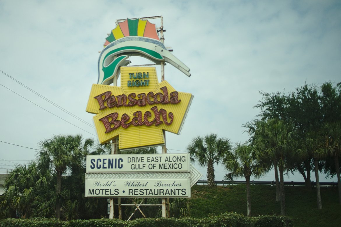 1970s style sign for pensacola beach, FL photographed by luxagraf