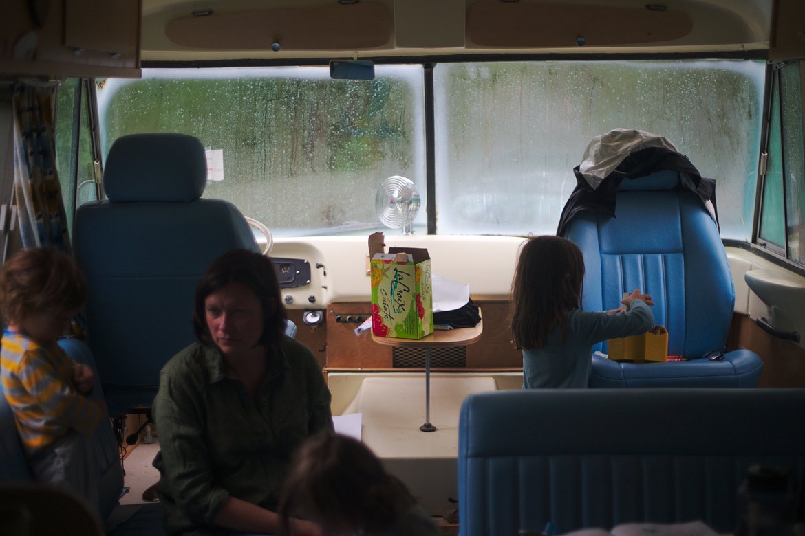 inside the bus in a storm, huntsville, tx photographed by luxagraf