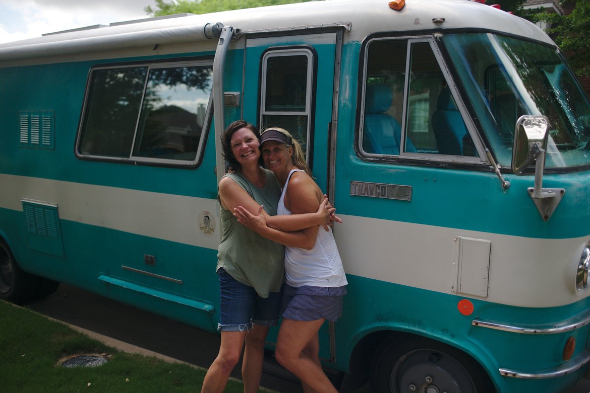 sisters in front of bus, plano, tx photographed by luxagraf