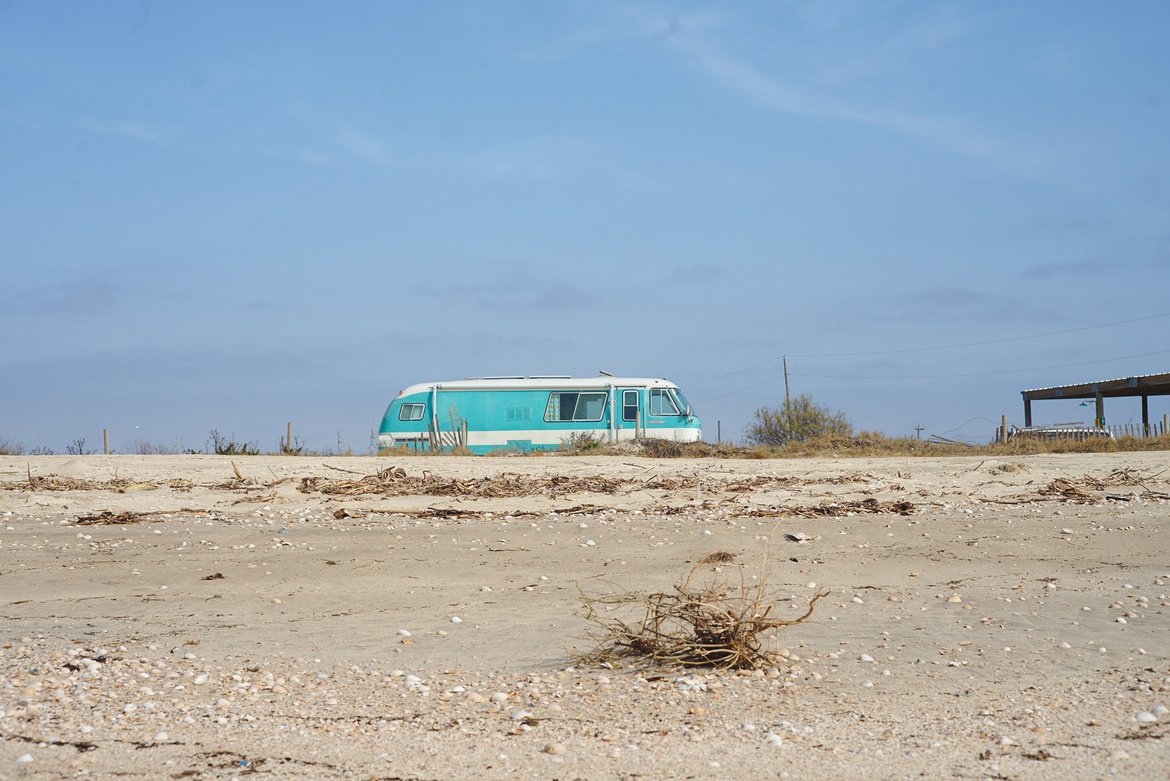 The bus on rutherford beach photographed by luxagraf