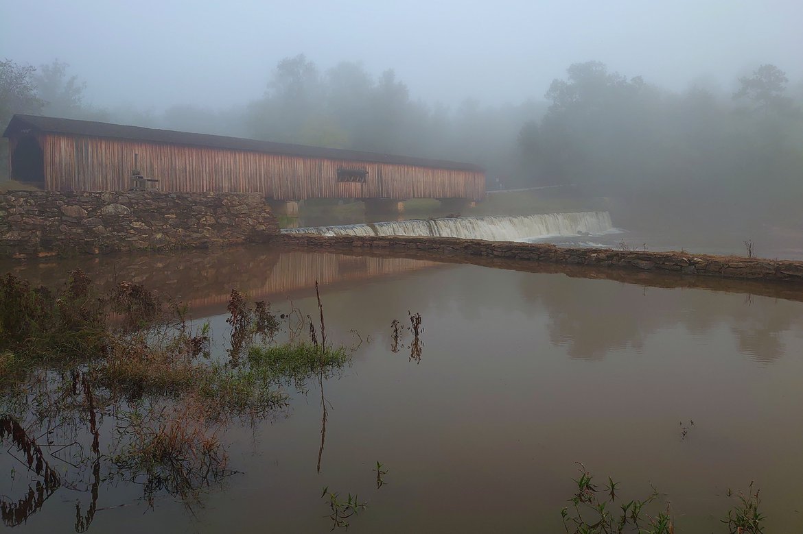 watson mill bridge in the fog, watson mill state park photographed by Corrinne Gilbertson