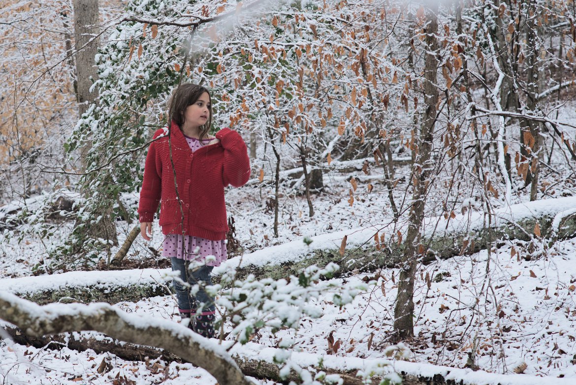 girl in red jacket walking through the snowy woods photographed by luxagraf
