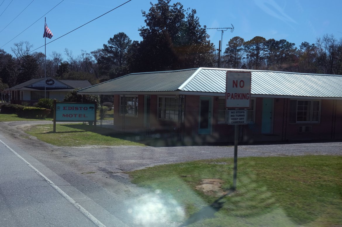edisto motel, shot while driving photographed by luxagraf