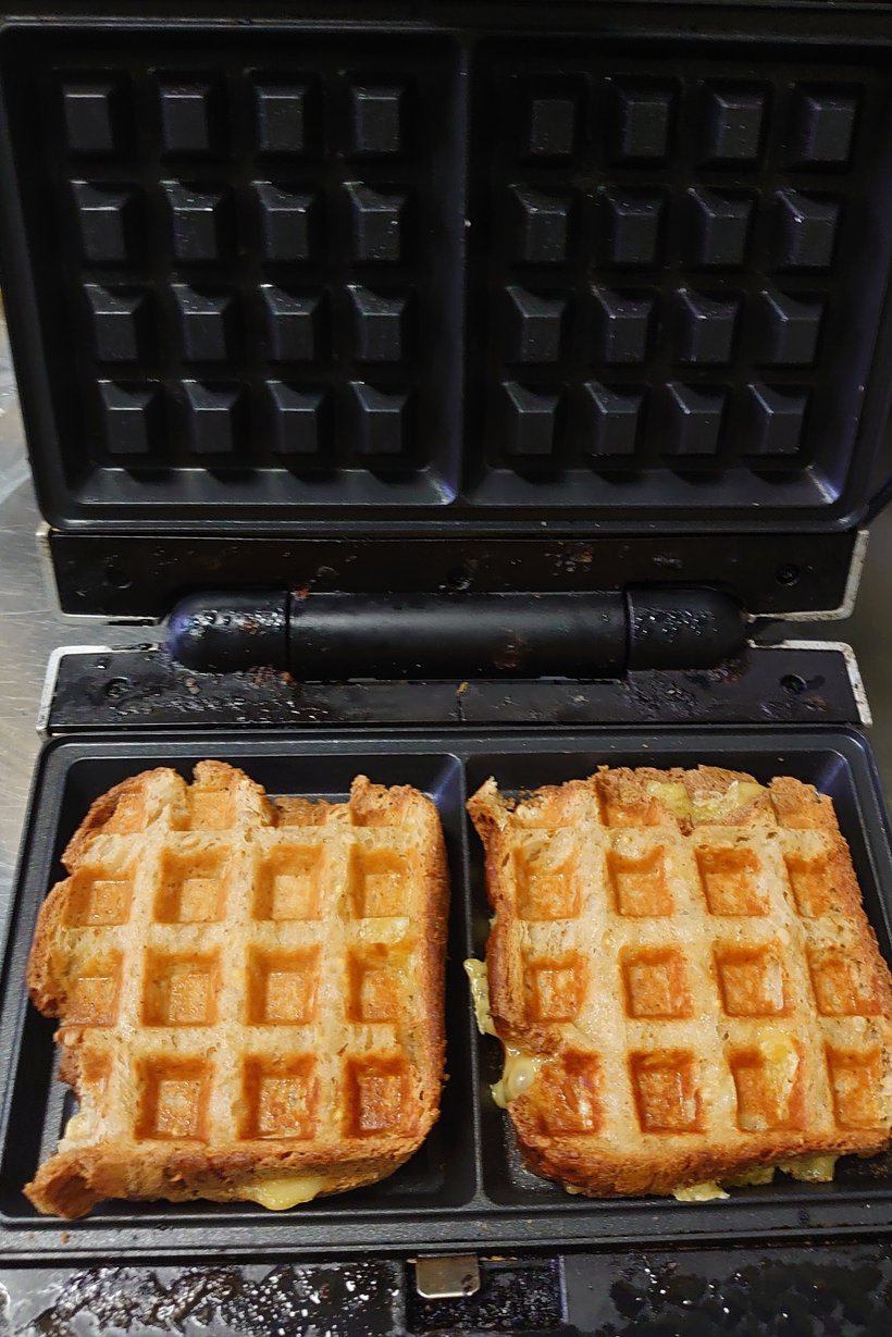 Waffle iron grilled cheese photographed by luxagraf