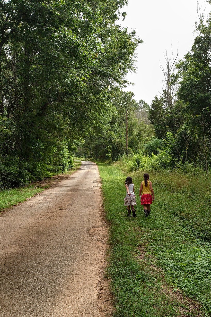 kids walking on a narrow country road photographed by luxagraf