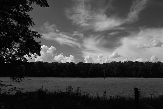 clouds over a field, black and white photographed by luxagraf
