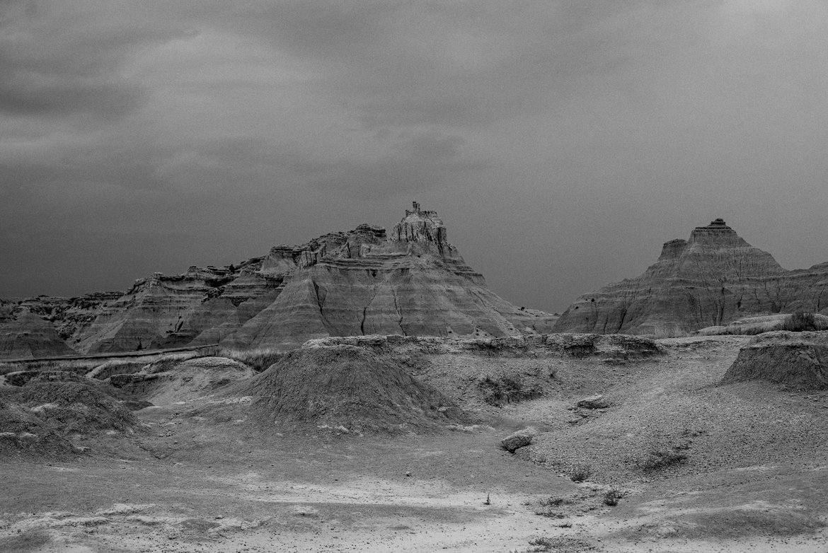 black and white image of the badlands, south dakota photographed by luxagraf