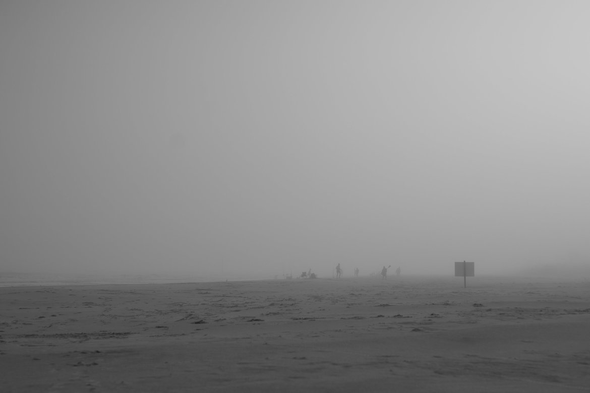 hunting island beach in fog black and white photographed by luxagraf