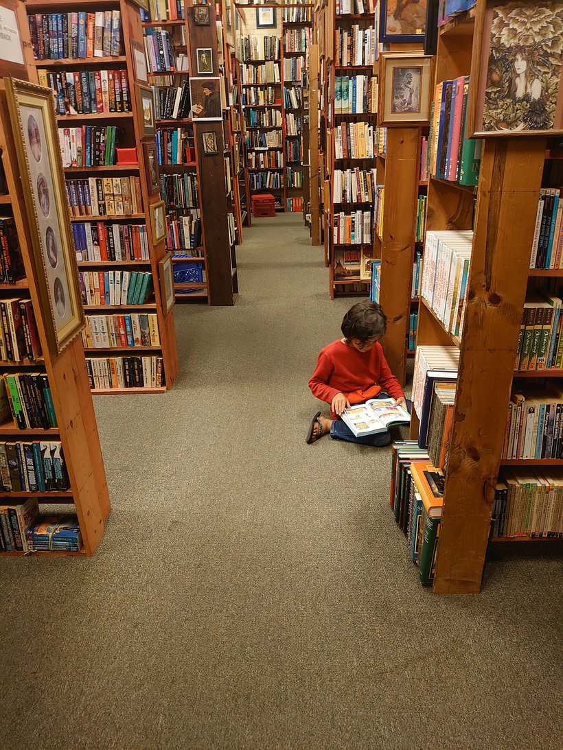 reading in the bookstore photographed by luxagraf