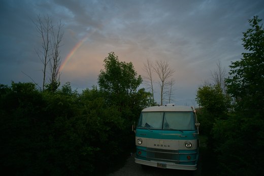 rainbow over the bus, harrington beach state park photographed by luxagraf