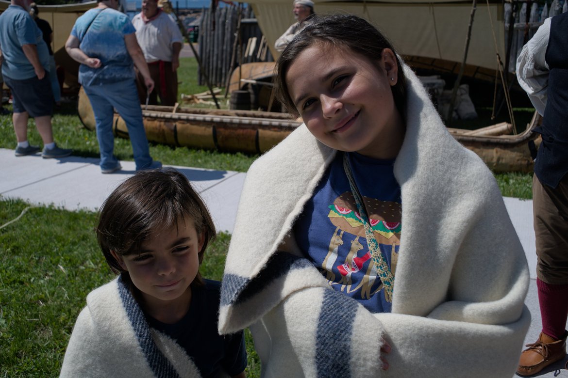 kids wearing trade blankets, Madeline island photographed by luxagraf