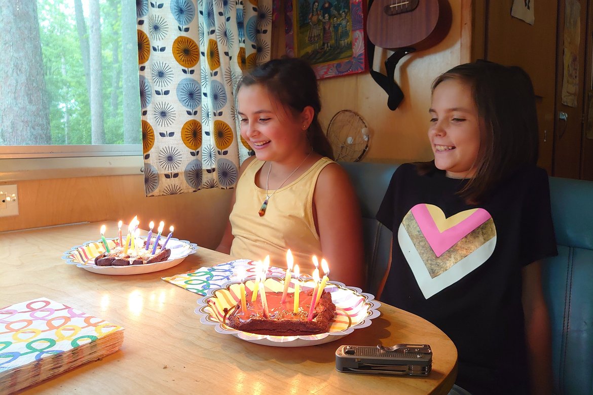 kids blowing out candles on waffle birthday cakes photographed by Scott Gilbertson