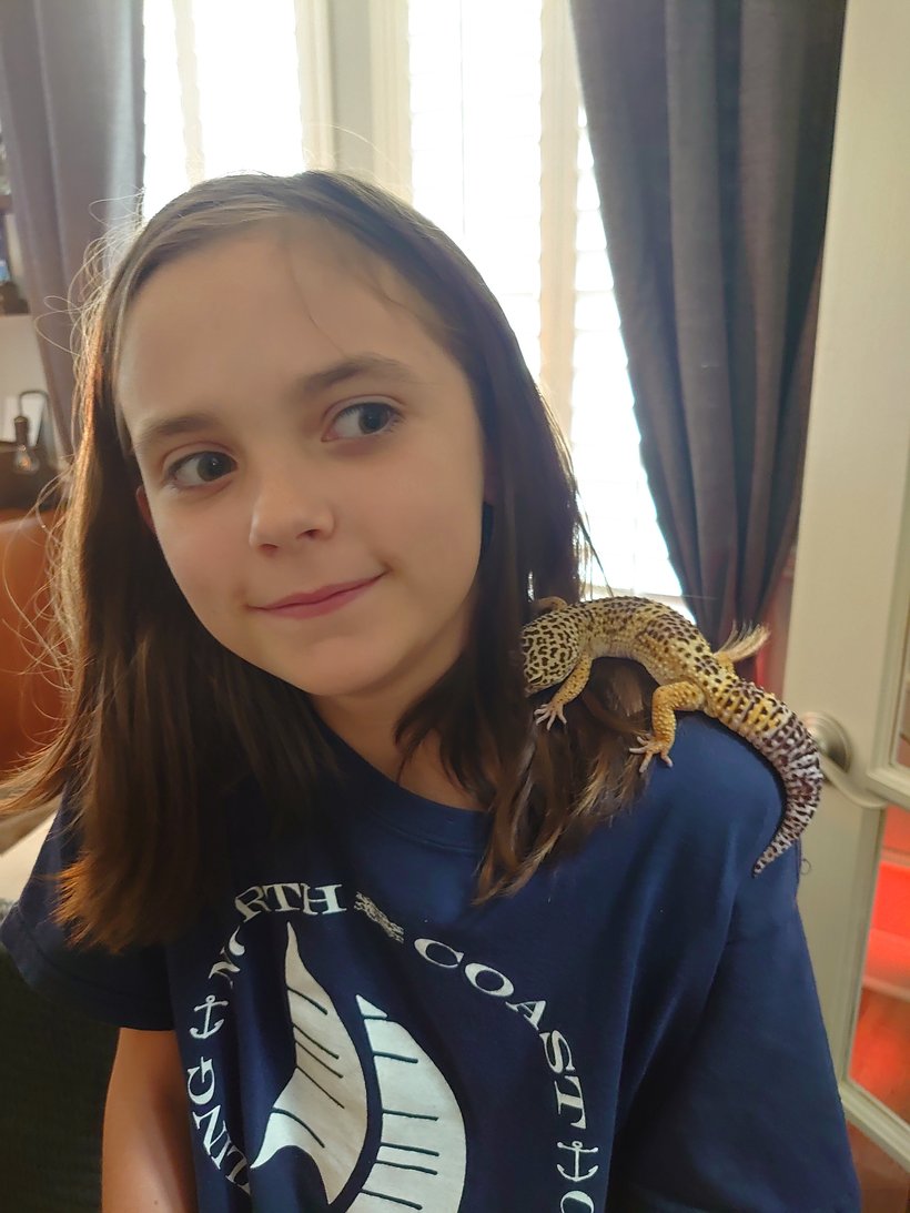 leopard gecko on a girl's shoulder photographed by luxagraf