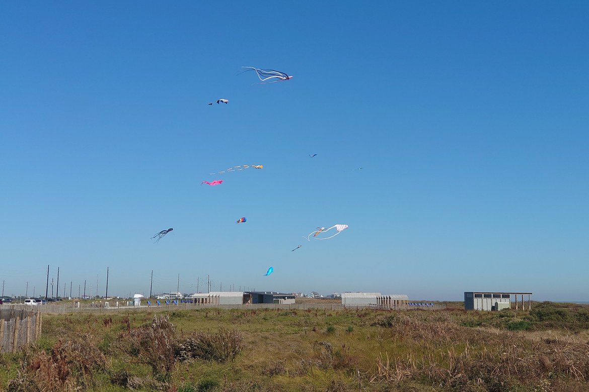 kites flying on a sunny day at the beach, galveston, tx photographed by luxagraf