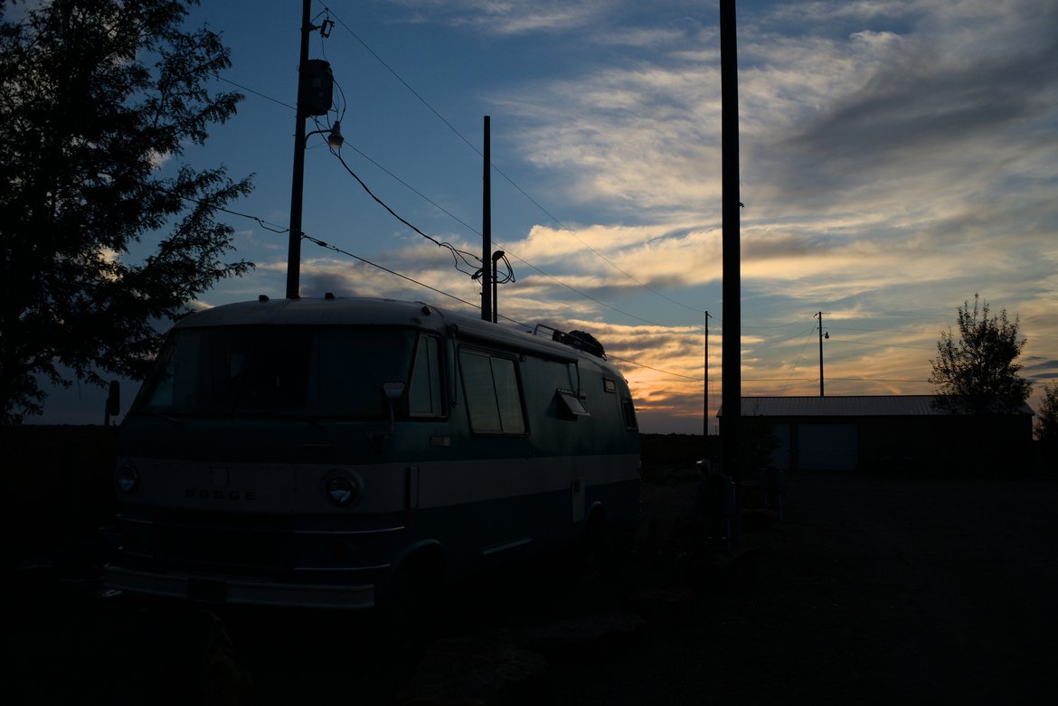 colorado sunset behind the bus photographed by luxagraf