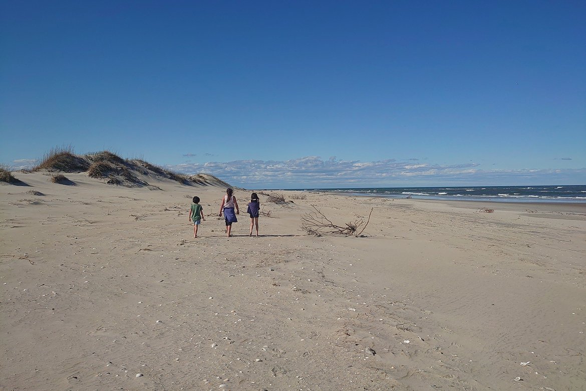 kids walking on the beach, sunny day, oregon inlet, north carolina photographed by luxagraf