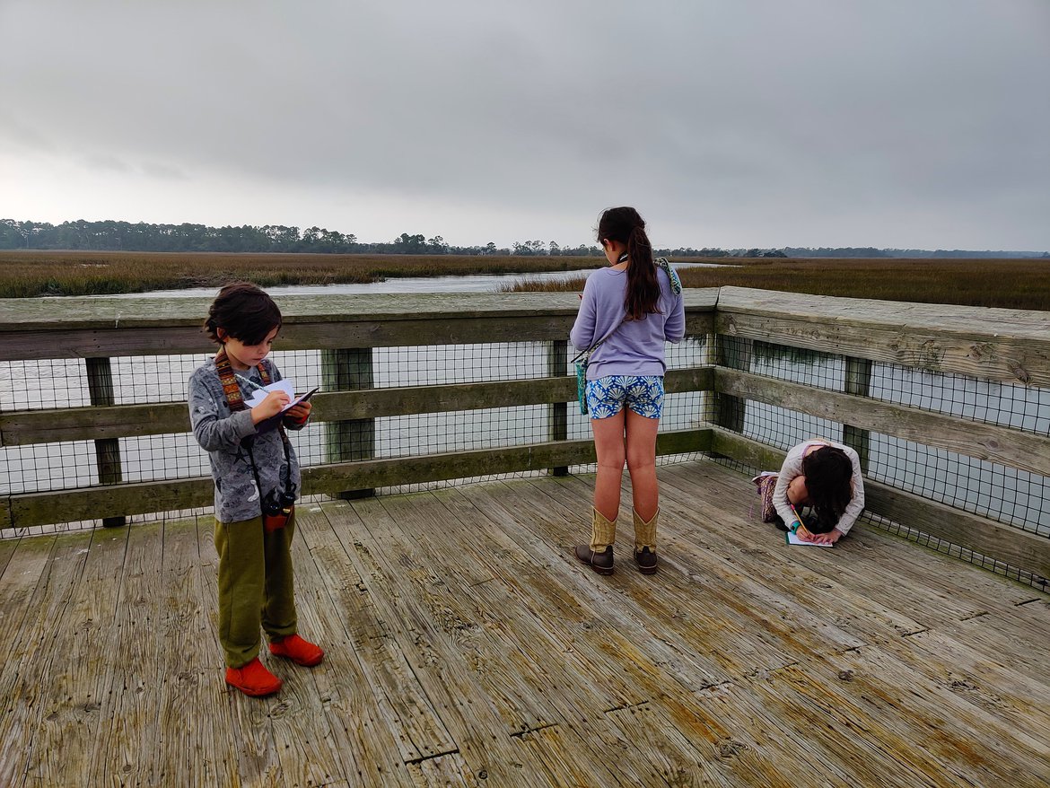 kids writing down bird sightings on a platform in the marsh, hunting island, sc photographed by luxagraf