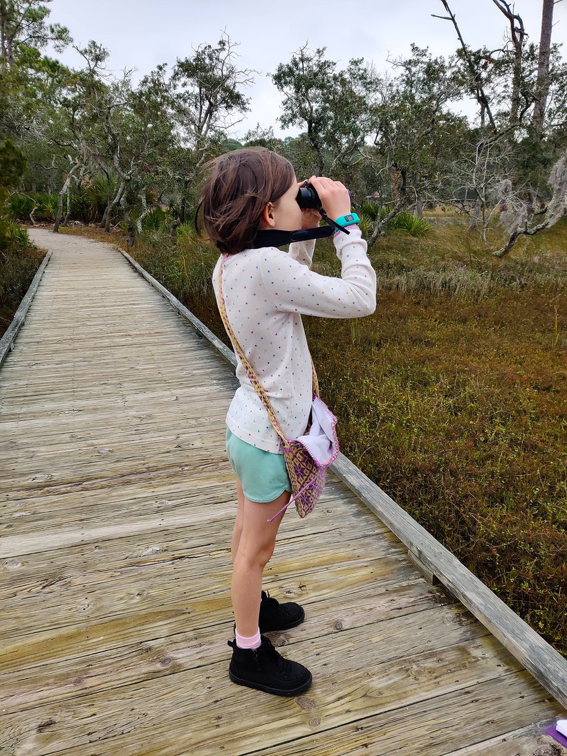girl birdwatching on marsh boardwalk, hunting island, sc photographed by luxagraf