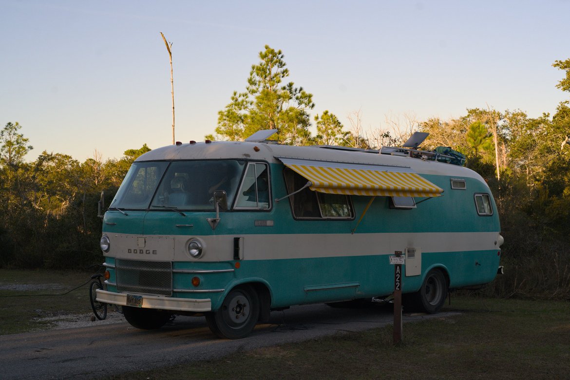The bus in our campsite, fort pickens photographed by luxagraf