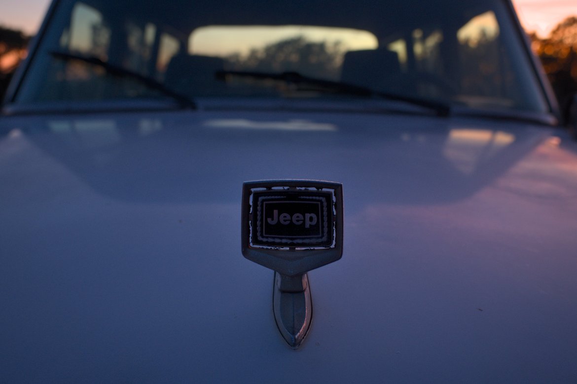 Close up of a Jeep emblem on a 1989 Jeep Grand Wagoneer photographed by luxagraf
