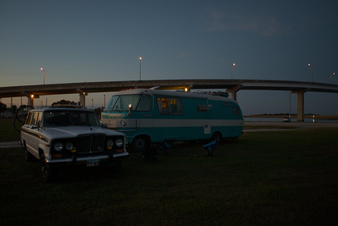 twilight, the bus under the bridge, apalachicola, fl photographed by luxagraf