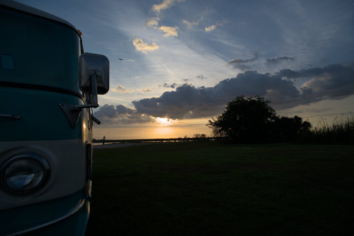 sunrise over the bus, apalachicola, fl photographed by luxagraf