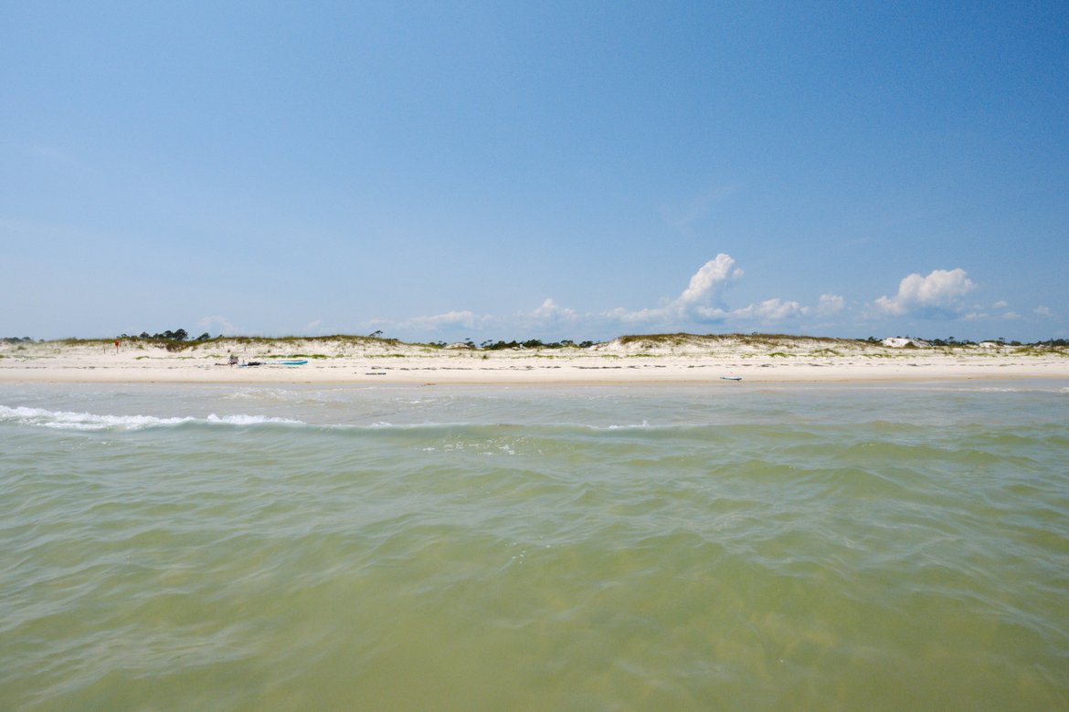 view of the beach from the ocean, st george island photographed by luxagraf
