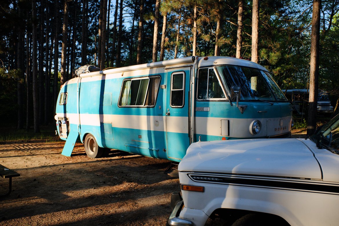 the bus at camp, the northwoods photographed by luxagraf
