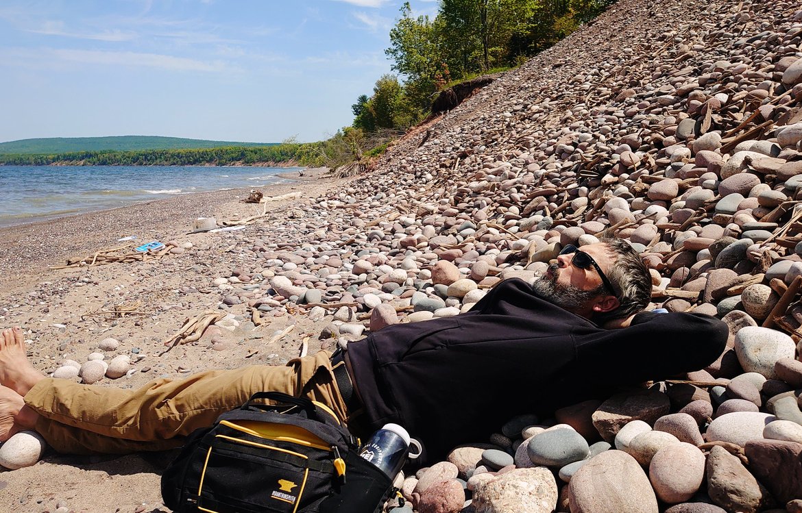 Me, relaxing on the rocks, little girl's point, MI photographed by luxagraf