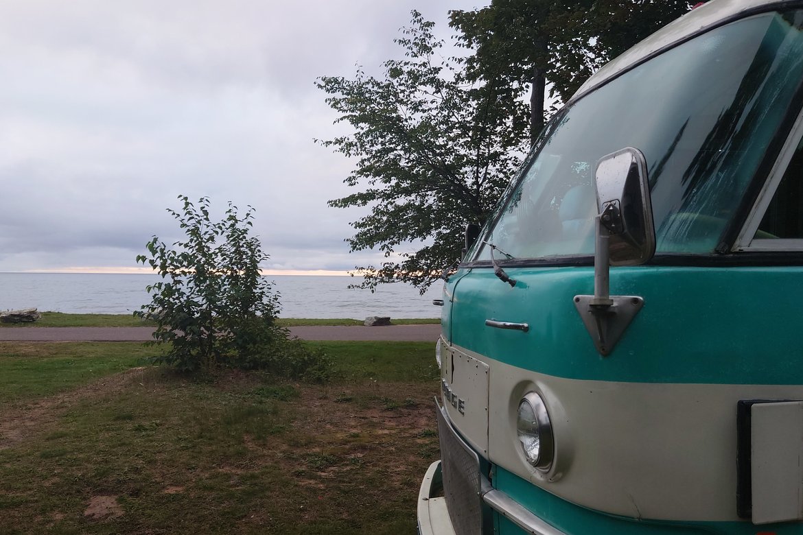 the bus on the edge of lake superior photographed by luxagraf