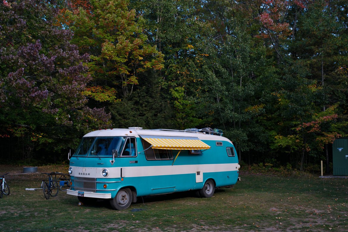 the bus in a campsite, upper peninsula, michigan photographed by luxagraf
