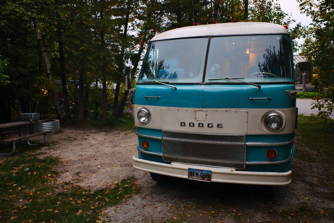 the bus at camp, harrisville state park photographed by luxagraf