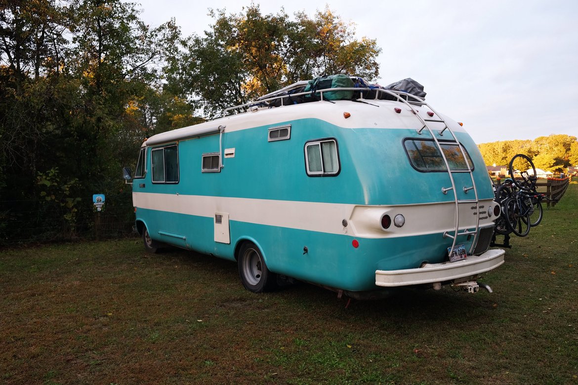 The bus in its campsite Misty Sheep Farm photographed by Scott Gilbertson