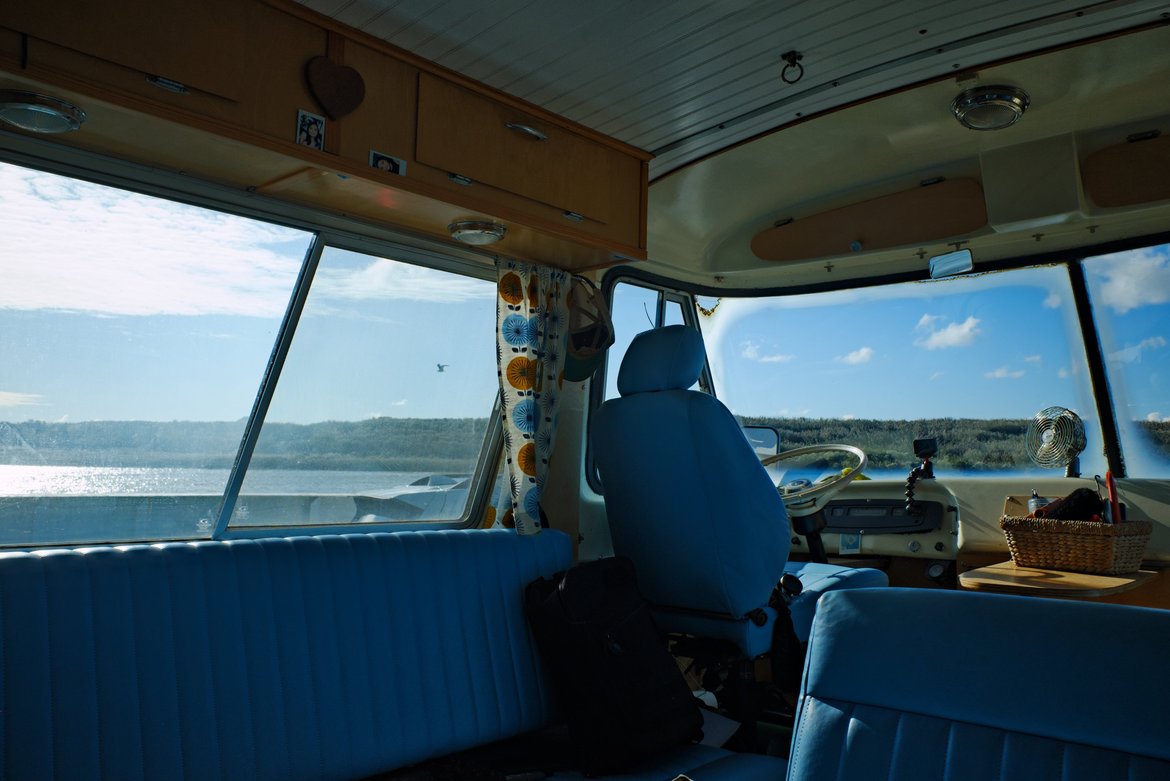 View out the windows of the bus on the cape henlopen ferry photographed by luxagraf