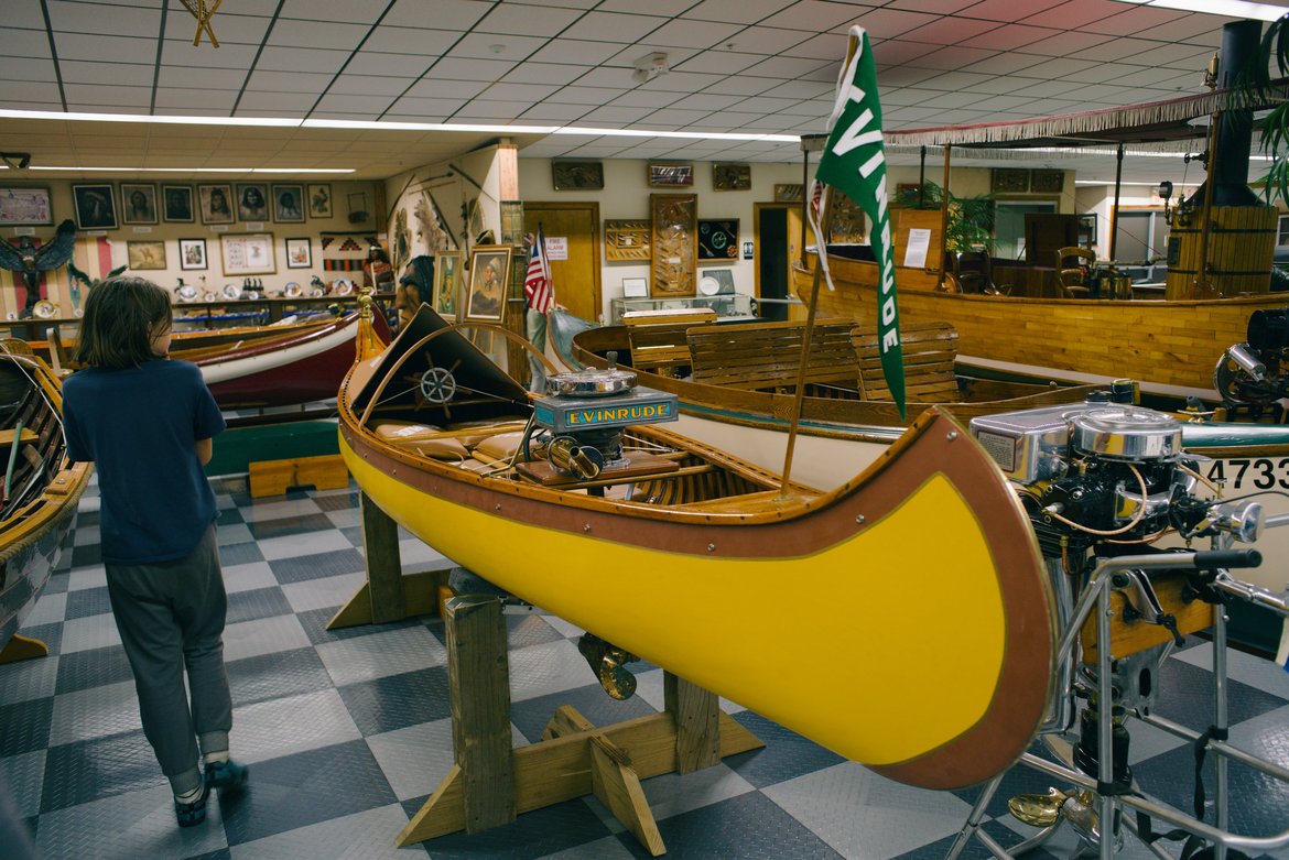 antique canoes and motors, Tallahassee car museum photographed by luxagraf