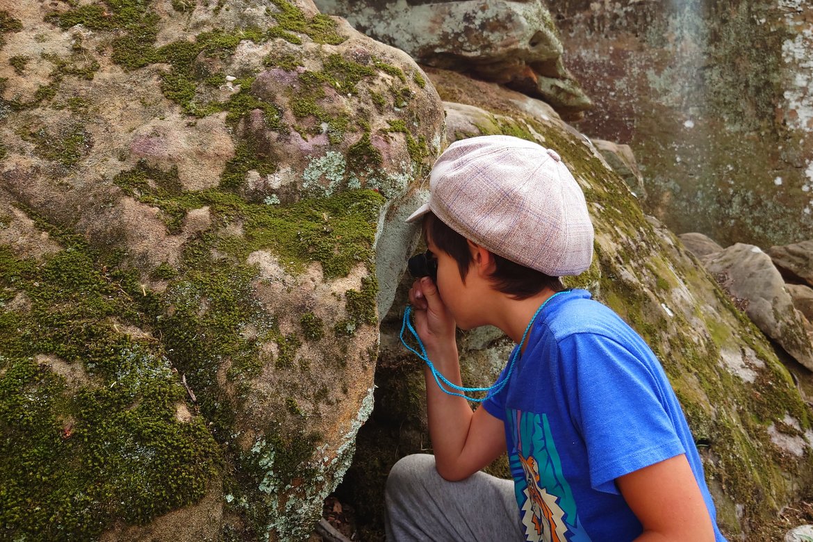 looking at moss through a loupe, ferne clyff state park photographed by luxagraf