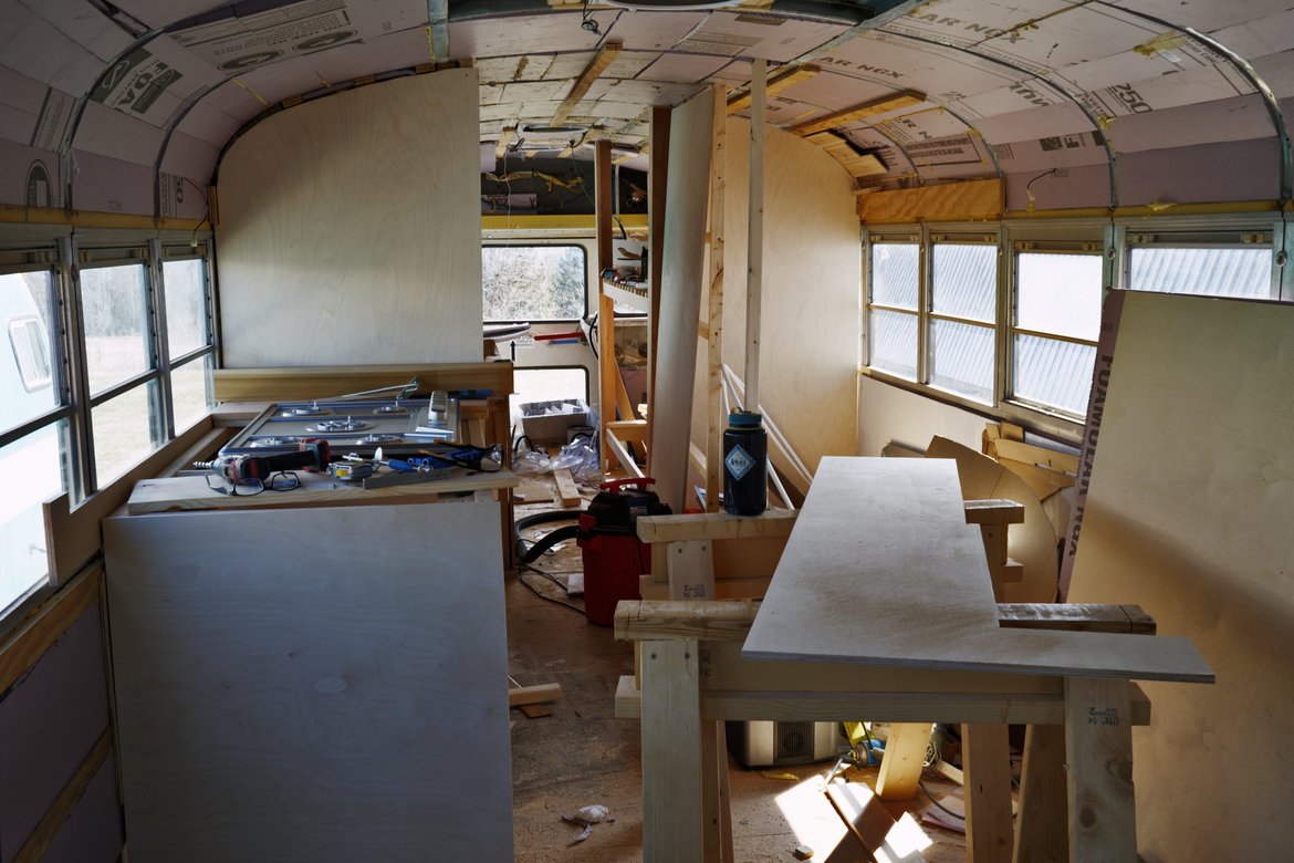 the interior of the school bus photographed by Scott Gilbertson