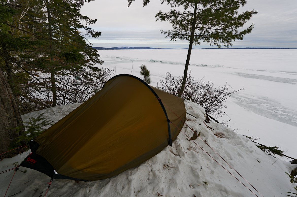 Hilleberg Akto on a small bluff above lake superior, winter photographed by Scott Gilbertson